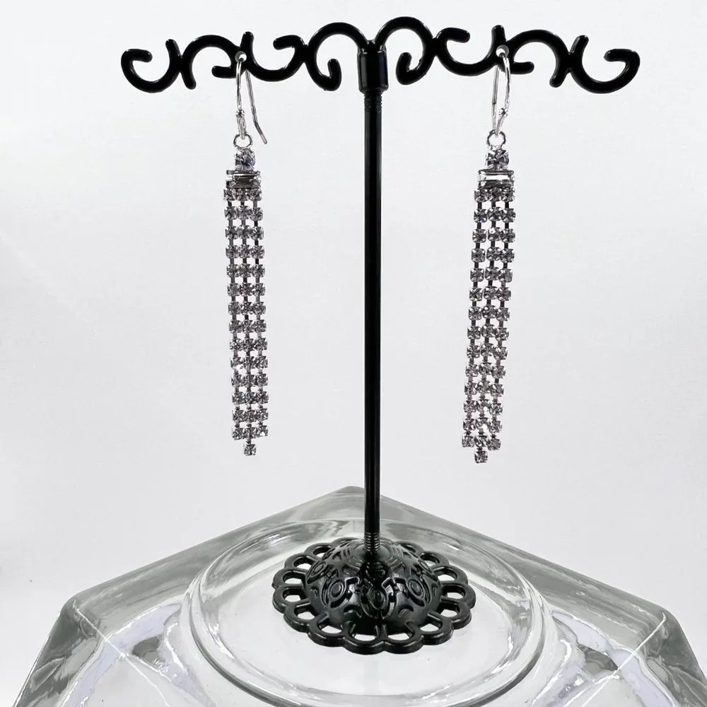 NWT - Indeed - Clear Rhinestone 3 Strand Dangle Silver Tone Fishhook Earrings - Picture 2 of 9
